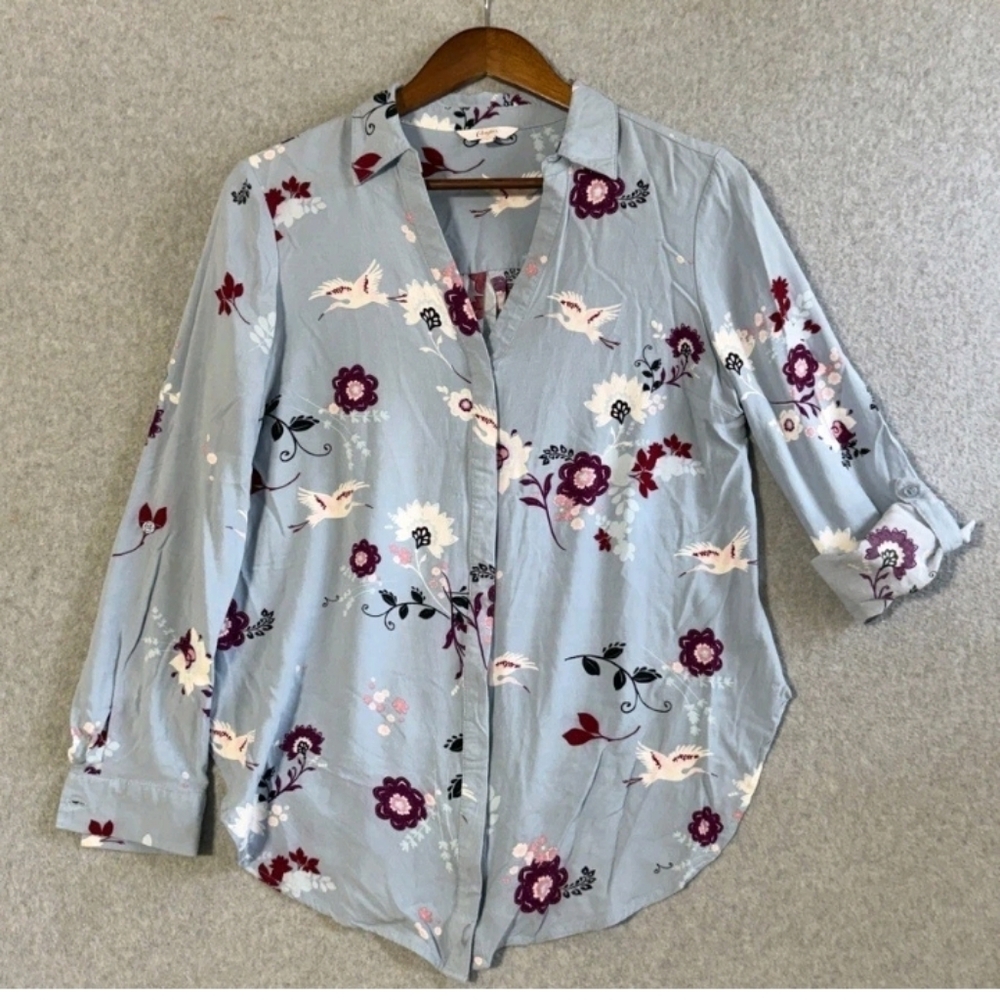 Dusty Blue Floral Button-Up Blouse